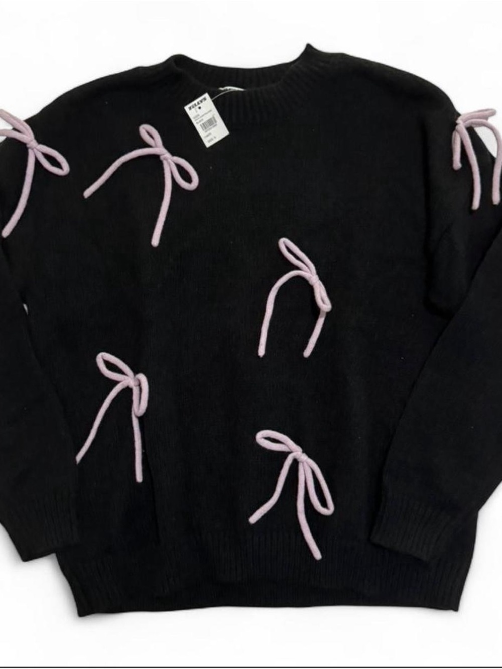 Tilly's Black Crewneck Sweater with Purple Bow Accents